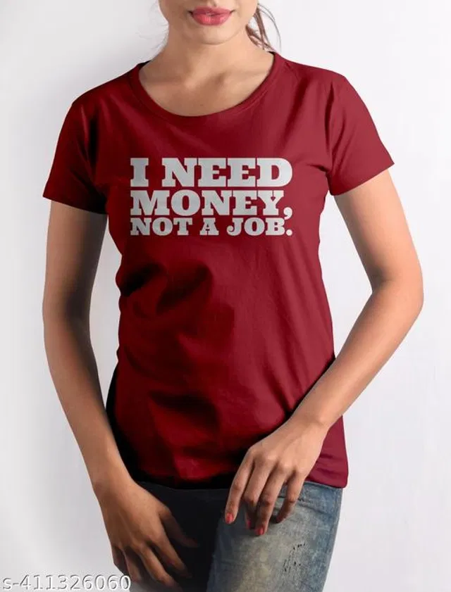 Cotton Round Neck Printed T-Shirt for Women (Maroon, XL)