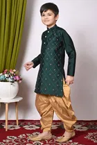 Dupion Silk Embellished Kurta with Dhoti for Boys, Bottle Green & Beige 