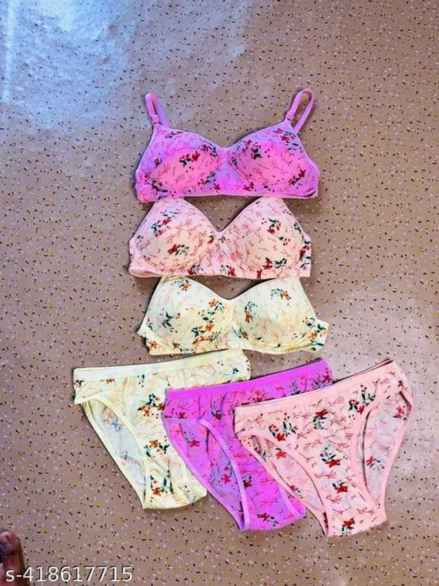 Cotton Blend Printed Lingerie Set for Women (Multicolor, 34A) (Pack of 3)