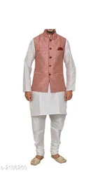 Banarasi Dupion Silk Solid Kurta with Pyjama & Jacket for Men (White & Red, 36)