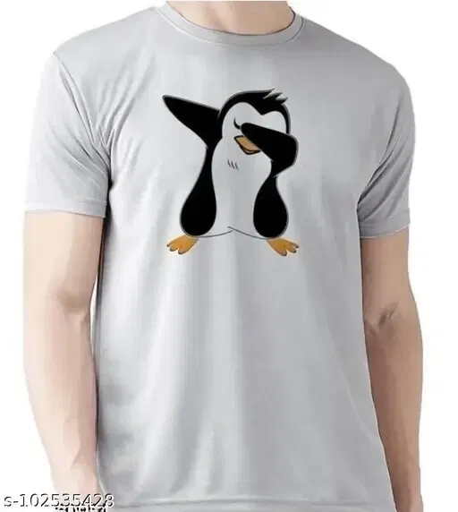 Round Neck Penguin Printed T-Shirt for Men (Grey, XXL)