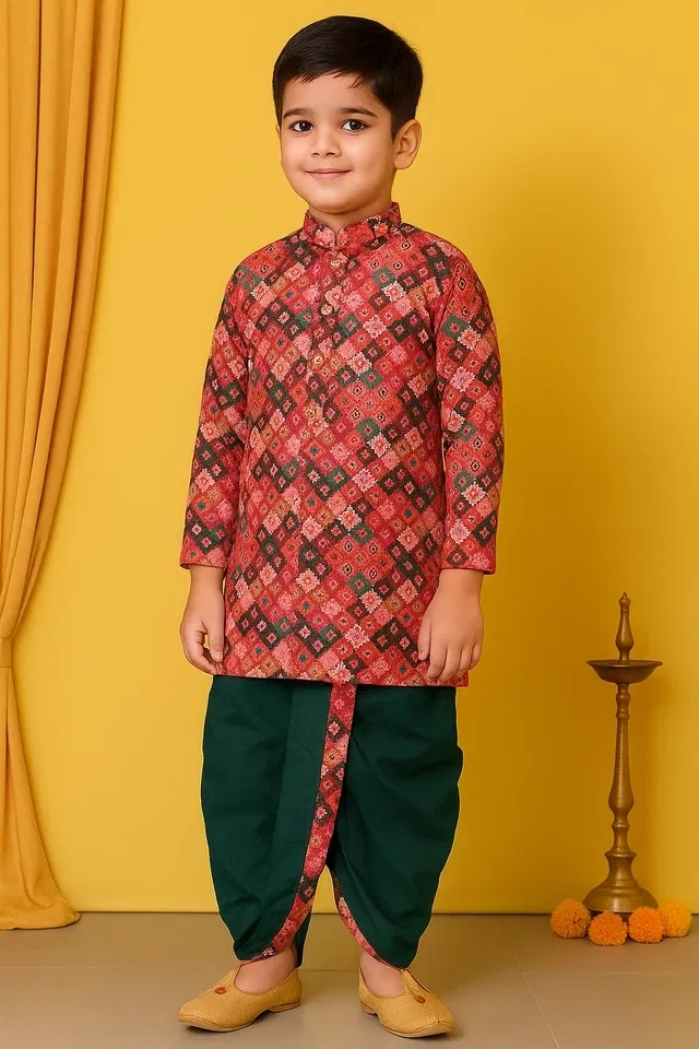Cotton Printed Kurta with Dhoti for Boys, Red & Green  (9-10 Years)