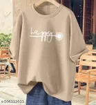 Cotton Blend Printed T-shirt for Women, Beige 