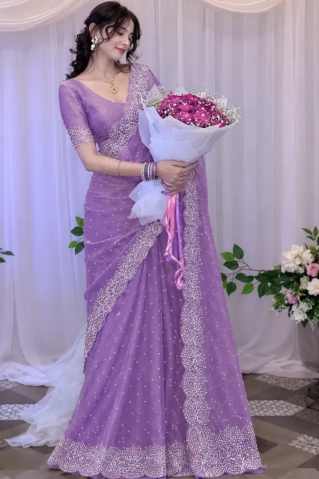 Jimmy Choo Embroidered Saree For Women, Lavender