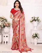 Georgette Printed Saree for Women, Red 