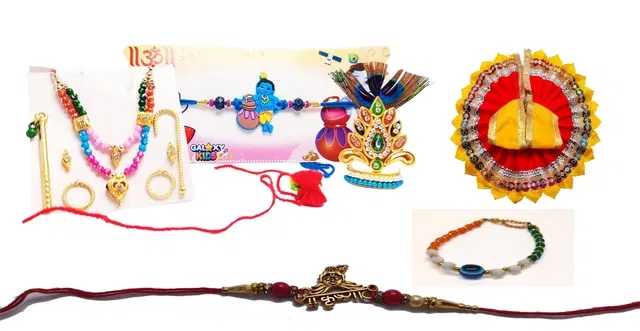 Synthetic 3 Pcs Rakhi with Ladoo Gopal Singar Dress & Bracelet (Multicolor, Set of 1)