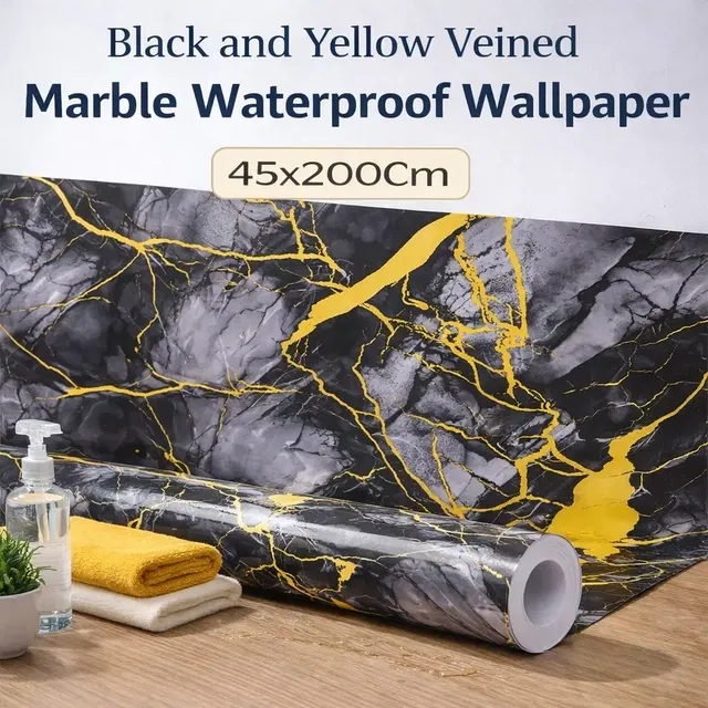 Black and Yellow veined pattern Marble High Glossy  WaterProof , Stain Resistance Wallpaper (45*200 cm)