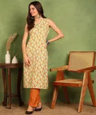 Cotton Blend Printed Kurti with Pant for Women (Beige & Orange, S)