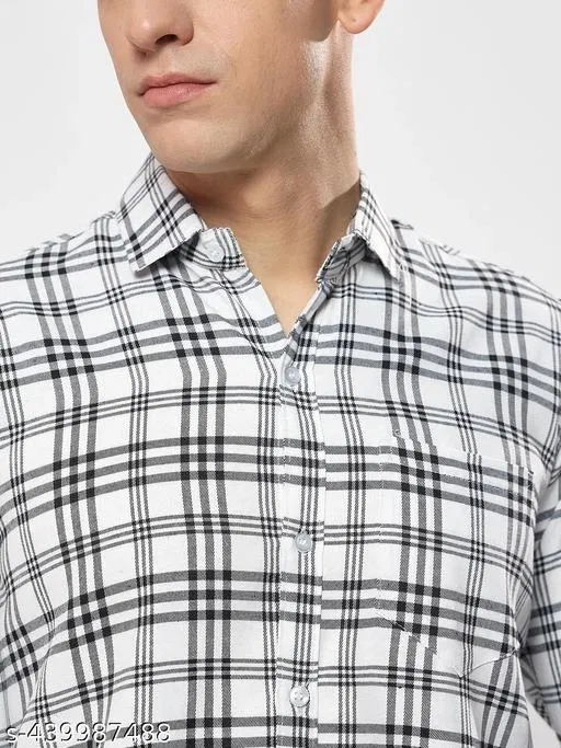 Polycotton Checked Shirts for Men, White (M)