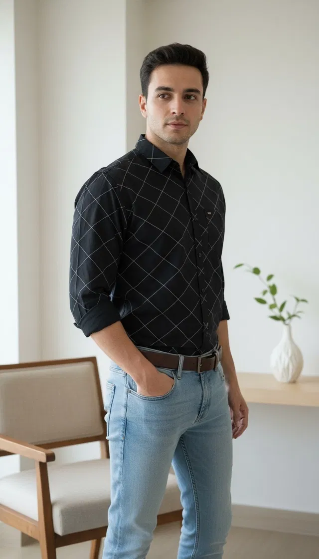 Full Sleeves Printed Shirt  For Men, Black (M)