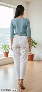 Cotton Solid Pant for Women, White 