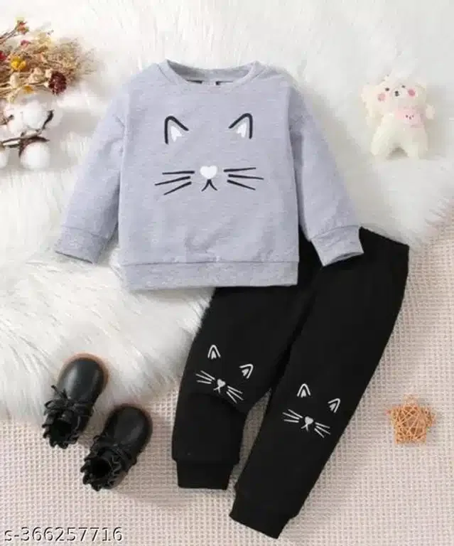 Hosiery Cotton Full Sleeves T-Shirt with Pant Clothing Set for Kids (Grey & Black, 12-18 Months)