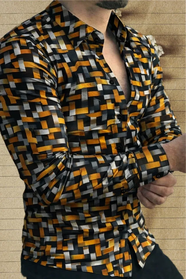 Lycra Geometric Print Shirt for Men, Yellow (L)