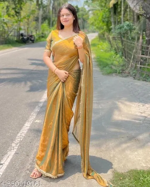 Golden Color Chiffon Saree for Women (Gold)