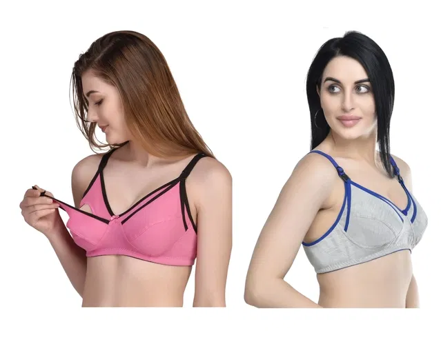 Cotton Blend Solid Non Padded Feeding Bras for Women (Multicolor, 32) (Pack of 2)