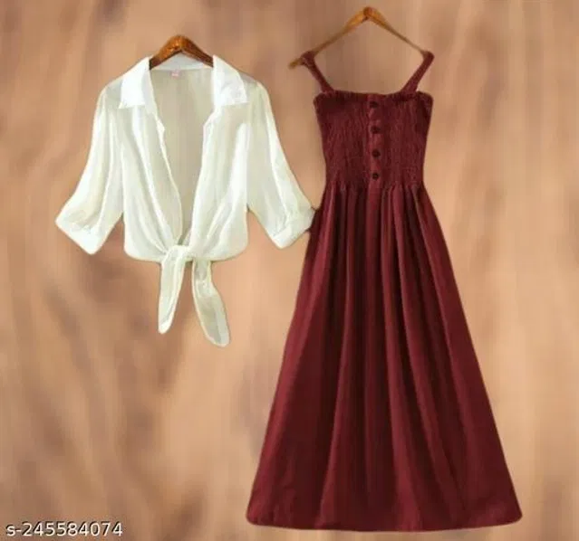 Poly Crepe Dress for Women (Maroon & White, L)