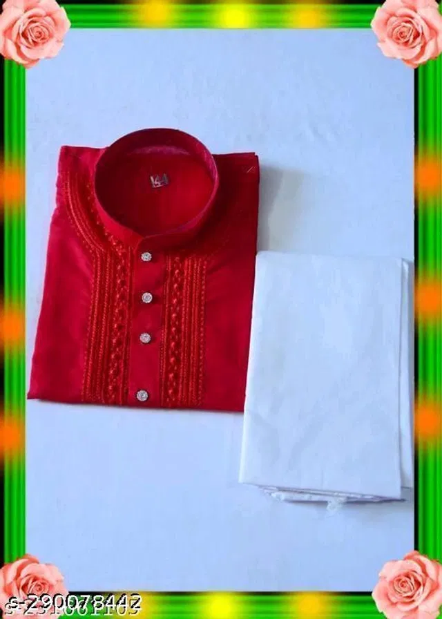 Cotton Embroidered Kurta with Pyjama for Men (Maroon & White, M)