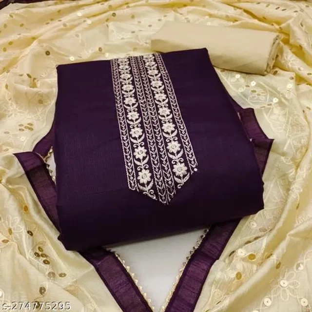 Cotton Embroidered Unstitched Suit for Women (Purple & Beige, 2.25 m)