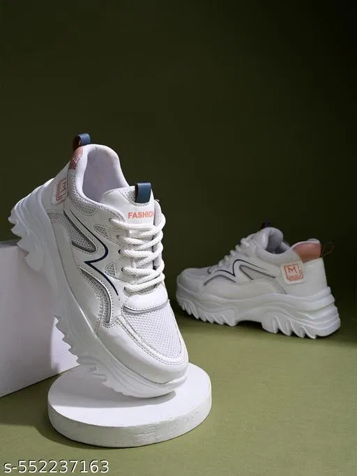 Shoetopia Solid Mesh Sneakers for Girls (White, 9-10 Years)