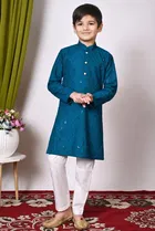 Rayon Cotton Embellished Kurta with Payjama for Boys, Teal & White 