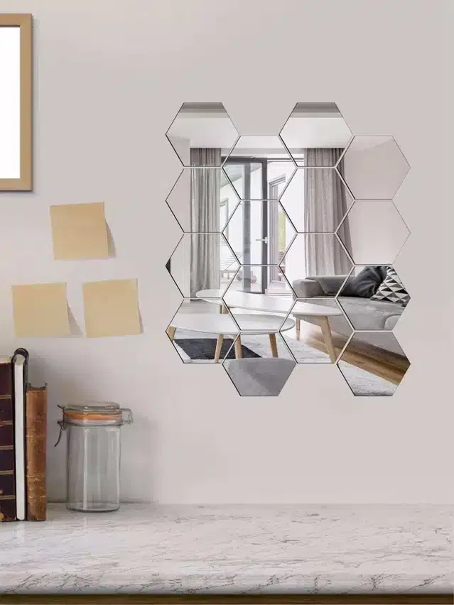 Acrylic Hexagon Shaped Wall Mirror Stickers (Silver, Pack of 16)