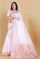 Litchi Silk Woven Design Saree for Women, White 