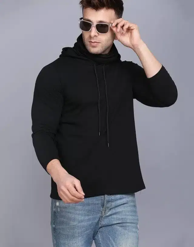 Full Sleeves Solid Hooded T-shirt for Men (Black, XL)