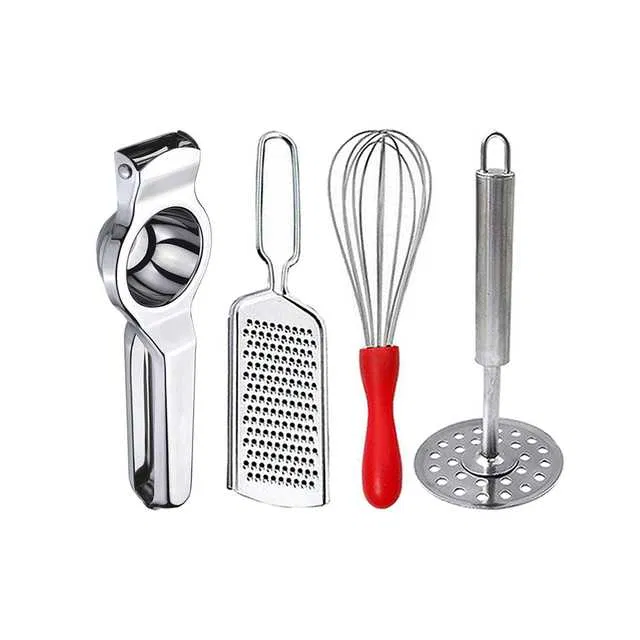 Oc9 Stainless Steel Lemon Squeezer & Cheese Grater & Egg Whisk & Potato Masher Kitchen Tool Set (O-95)