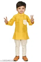 Art Silk Kurta with Pyjama Set for Kids (Yellow & White, 2-3 Years)