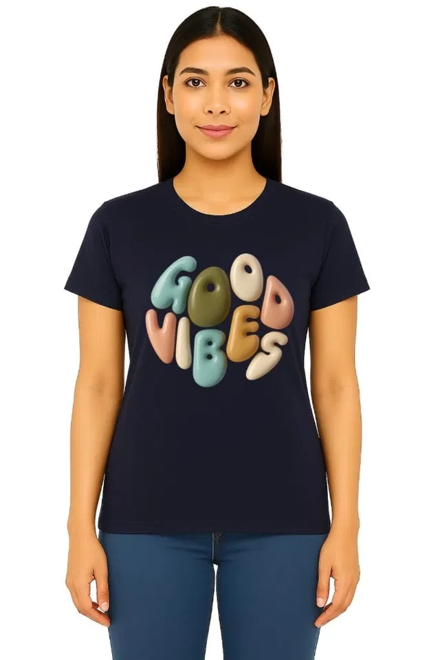 Cotton Blend Printed T-shirt for Women, Navy Blue (M)