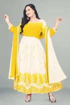 Jute Silk Ethnic Motif Gown with Dupatta for Women (Yellow & White, S)