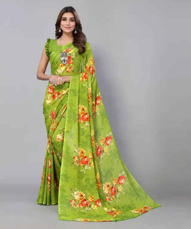 Women's Designer Georgette Floral Printed Saree with Blouse Piece (Green) (S-163)
