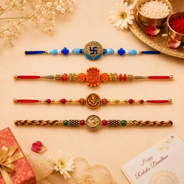 Blue Swastik, Ganesh & Om Rakhi Combo for Brother, Pack of 4