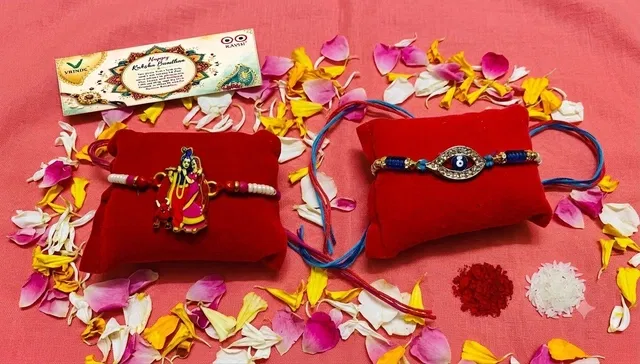 Radha Krishna Evil Eye Metal Rakhi (Multicolor, Pack of 2)