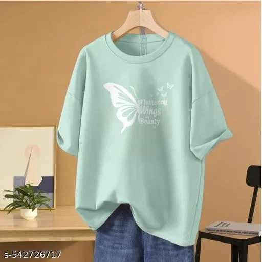 Cotton Blend Printed T-Shirt for Women, Mint Green (M)