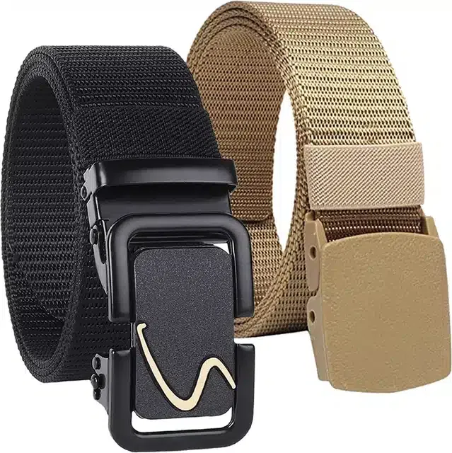 Casual Nylon Belt for Men (Black & Cream, Pack of 2)