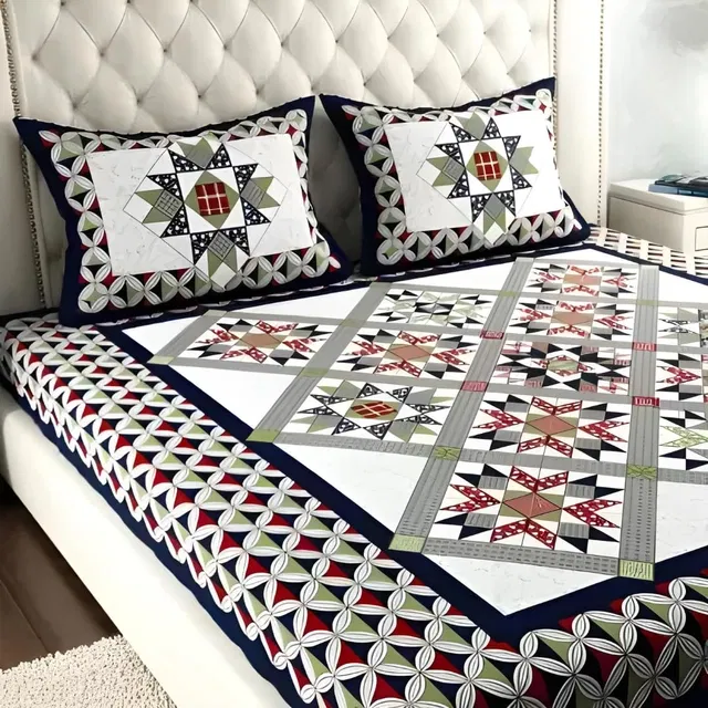 Jaipuri Cotton Double Bedsheet with 2 Pillow Covers | 80x90 Inch | geometric White | Traditional Rajasthani Print