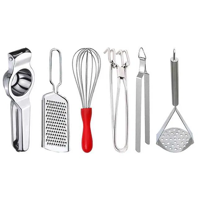 Oc9 Stainless Steel Lemon Squeezer & Cheese Grater & Egg Whisk & Pakkad & Roti Chimta & Potato Masher Kitchen Tool Set (O-142)