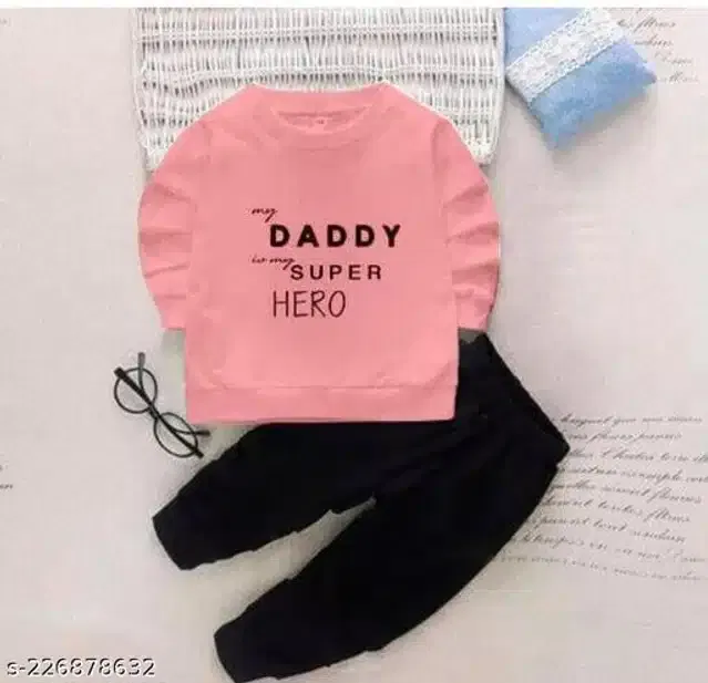 Hosiery Cotton Full Sleeves T-Shirt with Pant Clothing Set for Kids (Pink & Black, 0-1 Years)
