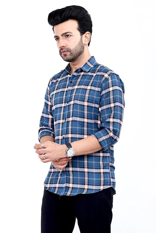 Cotton Blend Checked Shirt for Men, Navy Blue (L)