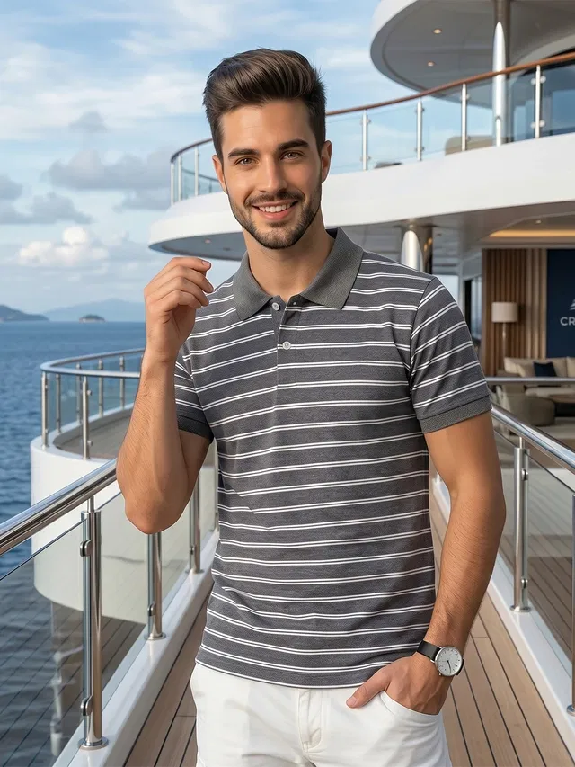 Striped Polo T-shirt for Men (Green Melange, M)