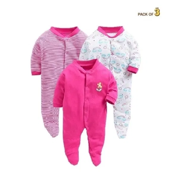 Hosiery Cotton Printed Rompers for Kids, Multicolor, Pack of 3 (3-6 Months)