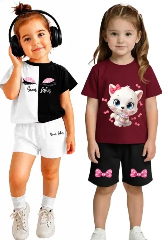 Graphic Print Cotton Blend Clothing Set for Girls, Pack of 2 (Multi, 6-7 Y)