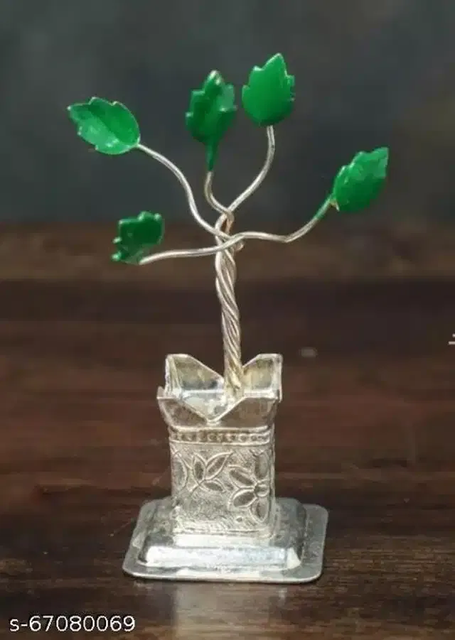 Silver Plated Artificial Tulsi Plant (Silver, 4 Inch)