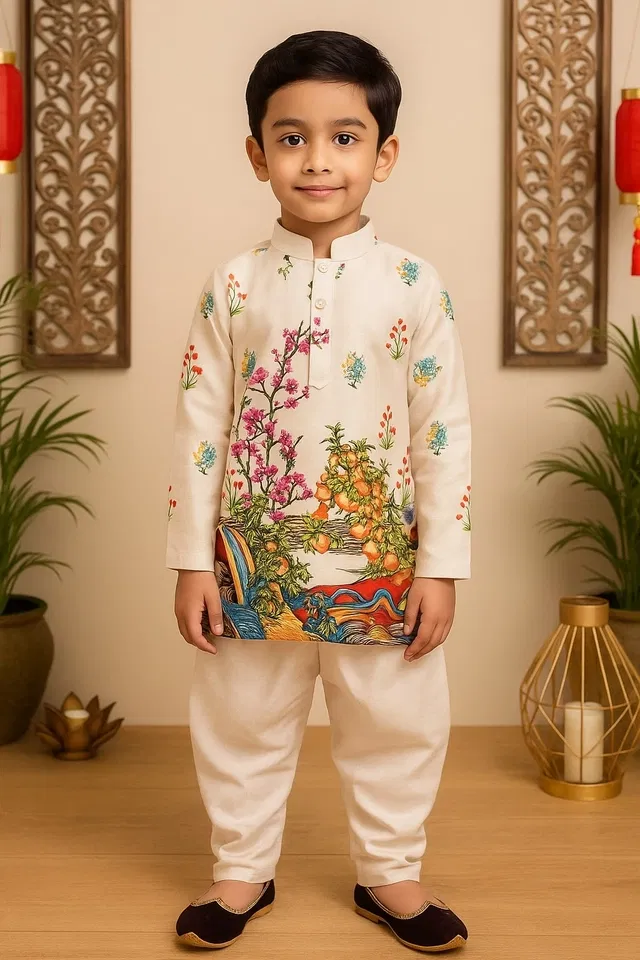 Cotton Silk Printed Kurta & Paints Set for Boys , Multicolor (7-8 Years)