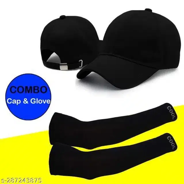 Cotton Arm Sleeves & Cap for Men & Women (Black, Set of 2)