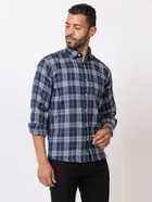 Cotton Blend Checkered Shirt for Men, Navy Blue 