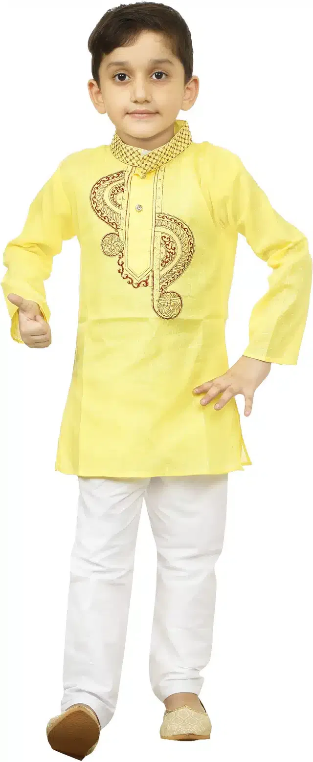 Cotton Embroidery Kurta & Pajama Set for Boys (Yellow & White, 9-10 Years)
