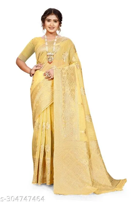 Linen Zari Woven Saree for Women (Yellow, 6.3 m)