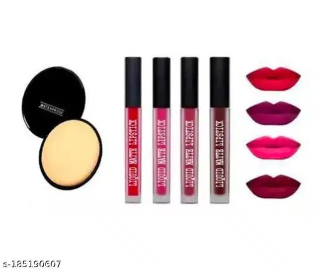 Combo of Compact with 4 Pcs Liquid Lipsticks (Multicolor, Set of 2)